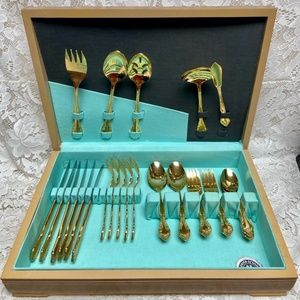 Vintage, 34-pc Estia, Korea Gold Plated Flatware for 6 with Hostess Set and Box